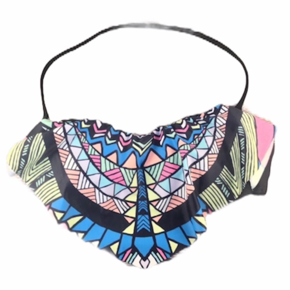 Geo Print Ruffle Flounce Halter Bandeau Bikini Top